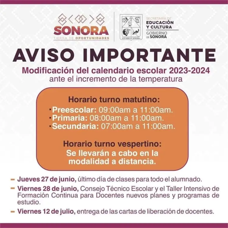 Modifica SEC horario escolar por calor en Sonora