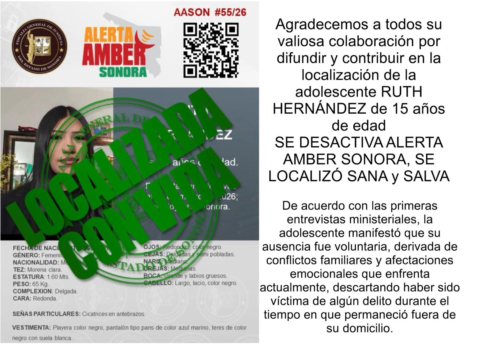FGJES descarta delito tras localizar a joven reportada con Alerta Amber