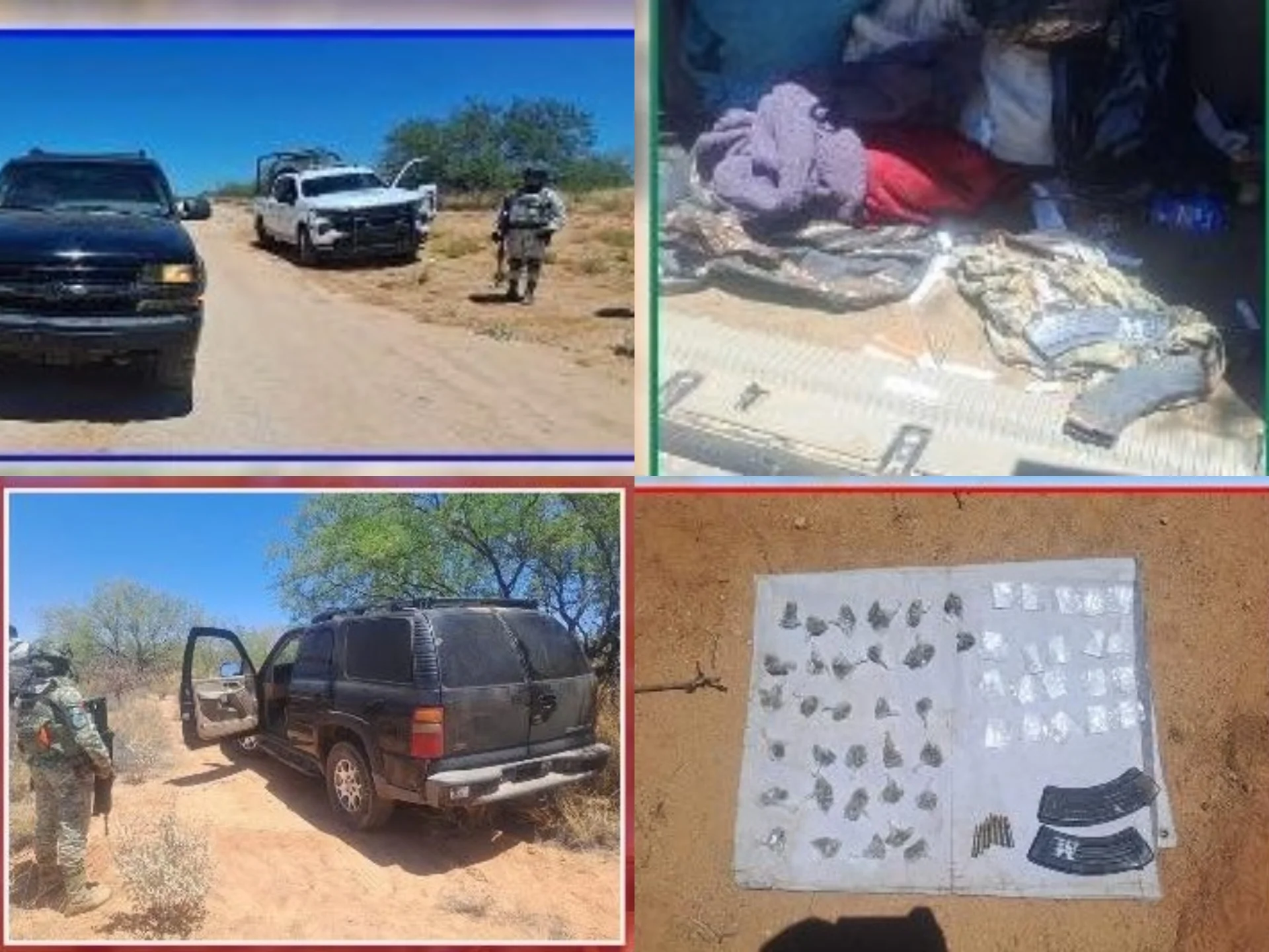 Operativo binacional termina con decomiso de rifles, droga y equipo táctico en zona desértica