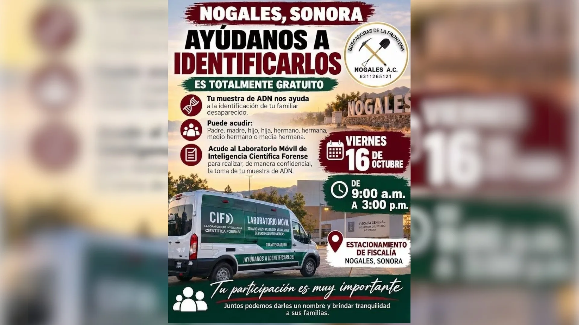 Realizarán jornada gratuita de toma de ADN para familiares de personas desaparecidas en Nogales